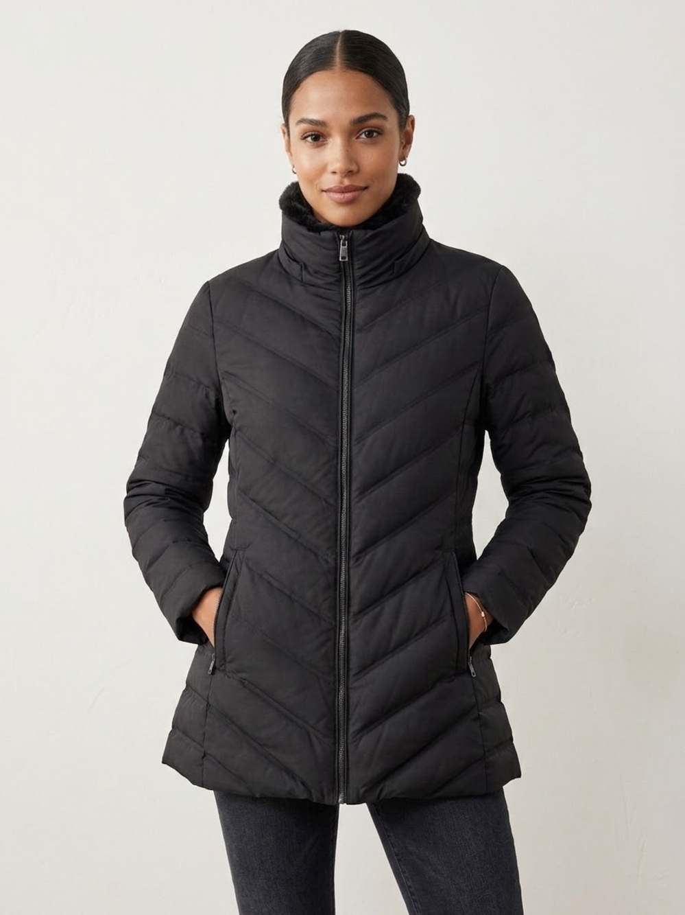 Zara Down Filled Quilted Fur Lined Puffer Coat in Black size XXL